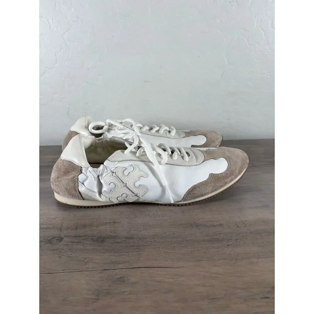 Tory Burch Bicolor Mixed Calf Leather Nylon Trainer Sneakers White Ivory Wms 9.5